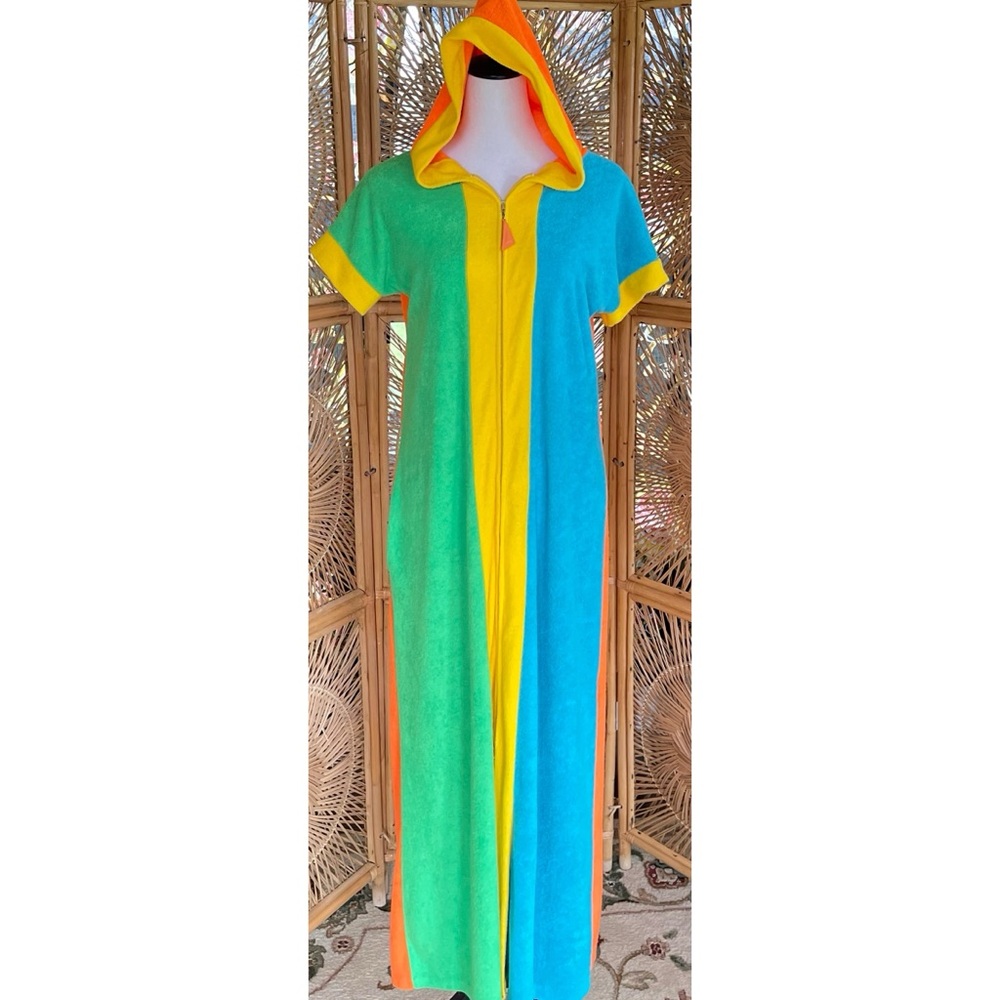Vintage 70s Colorblock Hooded Terry Dress Cover Up Long Summer Orange Blue